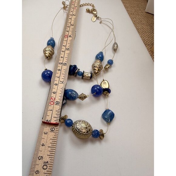 Chicos Gold & Blue Beaded Multi-Strand Necklace With Adjustable Clasp - Picture 2 of 6